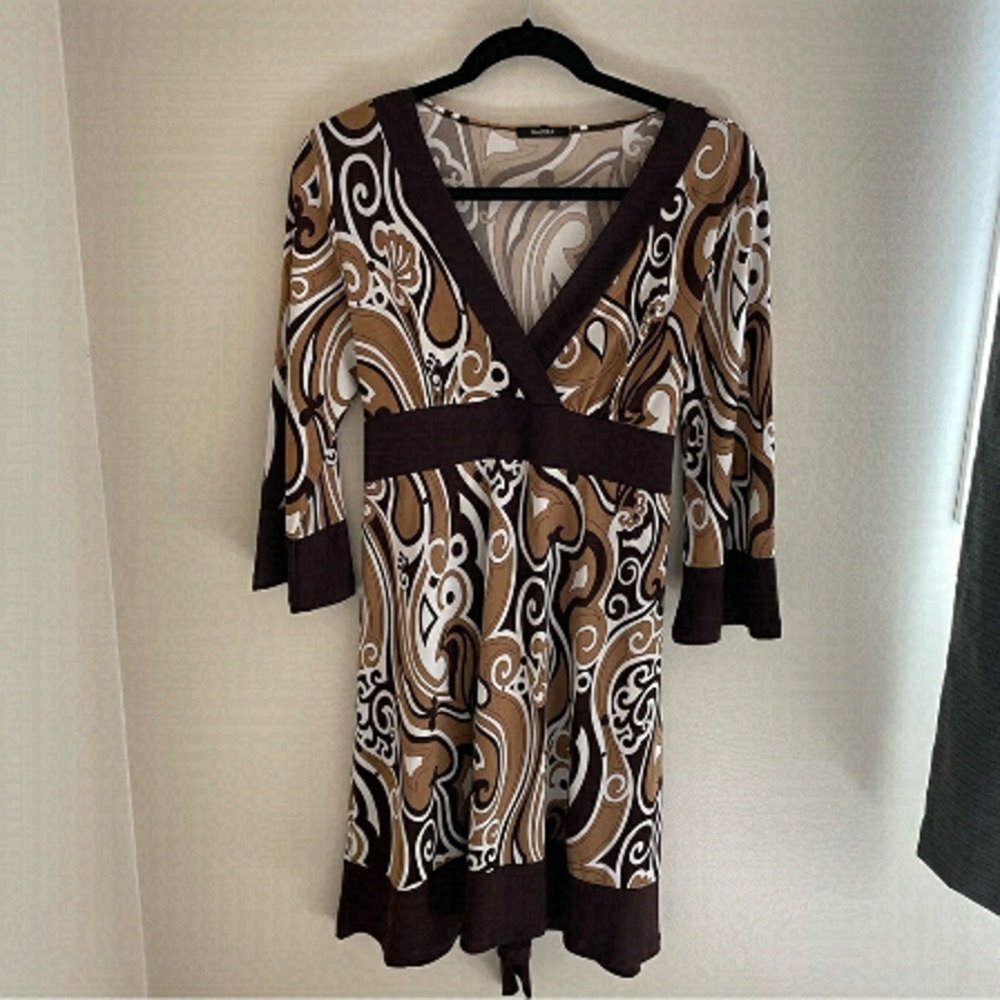 MAJORA Boho, Retro VNeck Belted Midi Dress, Size Med